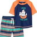 Simple Joys by Carter's Toddlers and Baby Boys' Swimsuit Trunk and Rashguard Set (5T, Navy Orange Ships/White Stripe)