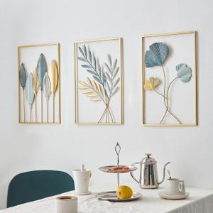 FUNTEREST Gold Leaf Wall Decor Modern Wall Art Home Decor, Set of 3 Metal Wall Hanging Decoration for Living Room Office Bedroom Hotel (Gold Wall Art Set of 3)