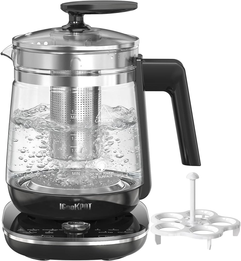 1200w Electric Kettle, 1.5L Borosilicate Glass tea kettle, Hot water kettle electric for Coffee or Tea, BPA Free, Auto Shut-Off, Stainless Steel, Fast Boil, Black