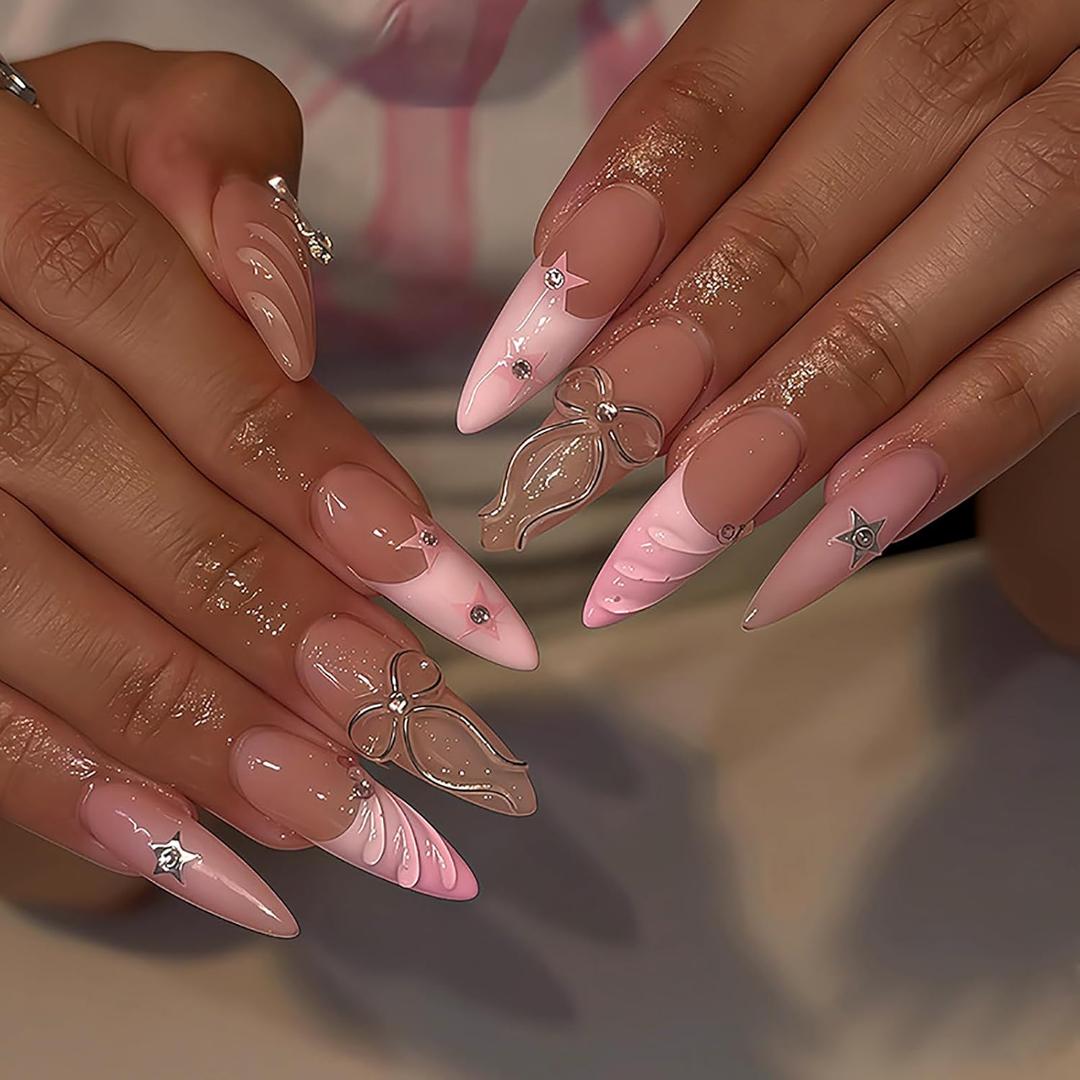 24Pcs Long Stiletto Press on Nails Pink French Tip Fake Nails with 3D Bow Rhinestone Design Valentines Glue on Nail Artificial Acrylic Nails Press ons Reusable Stick on Nail for Women Stiletto Nail