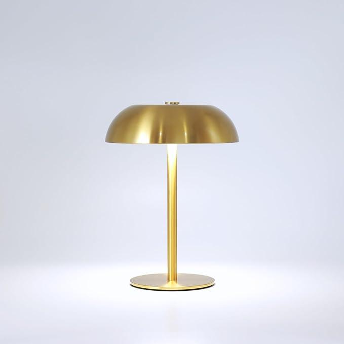 JHWDHD Portable LED Mushroom Table Lamp, 8.46'' Metal Small Cordless Desk Night Light with 5200mAh Rechargeable Battery, Stepless Dimming Lamp with 3 Colors for Bedroom/Bar/Coffee Shop (Gold)