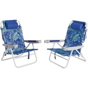 SUNNYFEEL Extra Wide Low Beach Chair 2 Pack 5 Position Lay, XL Oversized Portable Folding Camping Chairs with Cup Holder for Outdoor/Sand, Foldable Backpack Beach Chair for Adults Heavy Duty 500 LBS, 27.56 inches x 20.87 inches x 30.31 inches