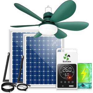 Solar Ceiling Fan Light with Smart Thermostat Mode for Outside | 20" Solar Powered Canopy Fan, 2PCS Bifacial Panels, for Gazebo, Patio, Greenhouse, Chicken Coop, Adjustable Temp Control