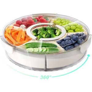 Divided Rotating Serving Tray with Lid and Handle, Portable Snackle Box for Fruits Snacks Veggie Charcuterie, Clear Lazy Susan Organizer and Fridge Storage Container for Adults Child (1PCS,12" L (White)