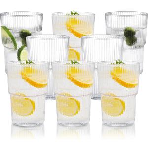 RLWY 17oz Shatterproof Ribbed Glasses, Plastic Tumblers for Poolside  Clear Acrylic Cups, Stackable & Reusable, Dishwasher Safe Drinkware  Set of 8