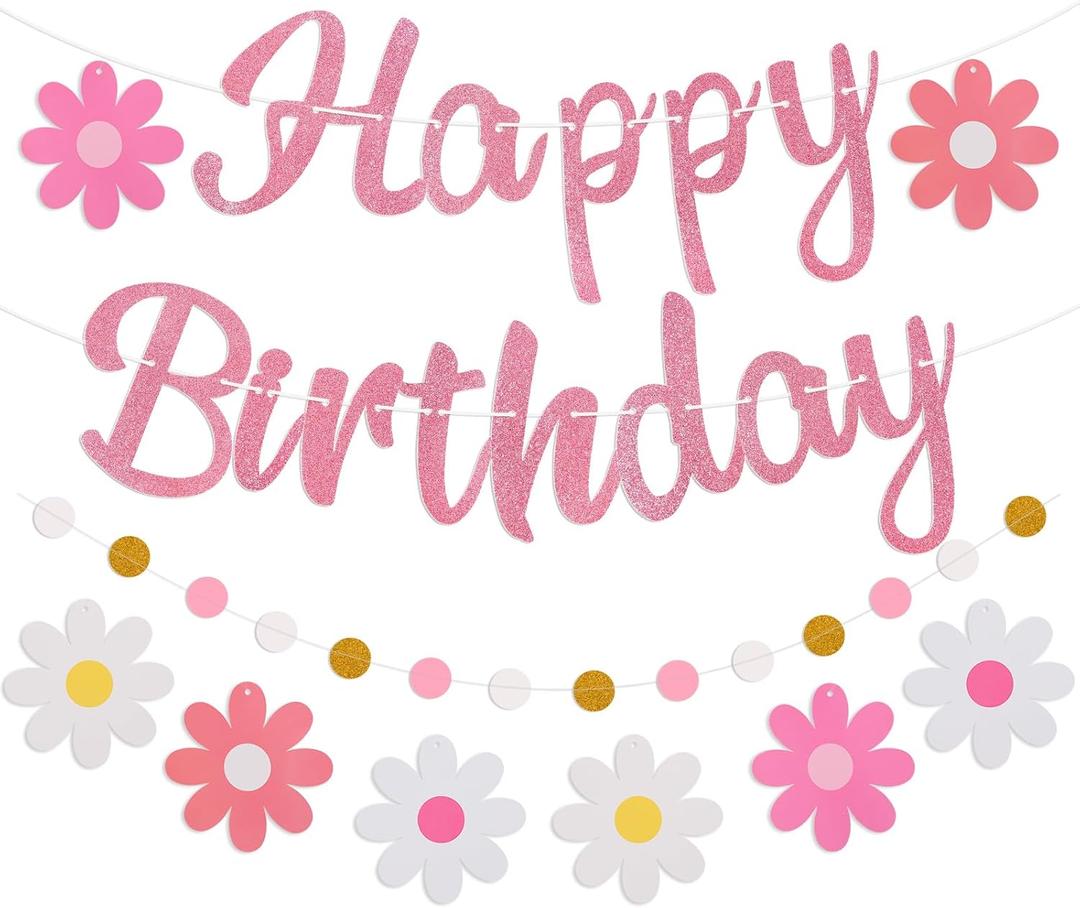 Pre-Strung Happy Birthday Banner, NO DIY Birthday Decorations with Circle Dot Garland and Flowers, Happy Birthday Party Decorations for Women Girls (Pink)