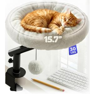 PetLovers Cat Desk Bed - Plush Elevated Desk Bed Attachment with Removable Washable Cushion, 360° Swivel Arm, Secure Clamp - Keeps Your Pet Close While You Work or Play