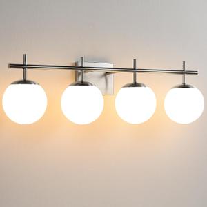 Vanity Light, 4-Light Brushed Nickel, 30.7 Inch Modern Bathroom Fixture With Milky White Glass Globe Shade, Lights Over Mirror Wall Sconce
