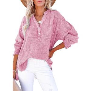 Dokotoo Womens Casual Button V Neck Long Sleeve Shirts Oversized Solid Blouses Tops (XX-Large, Pink)