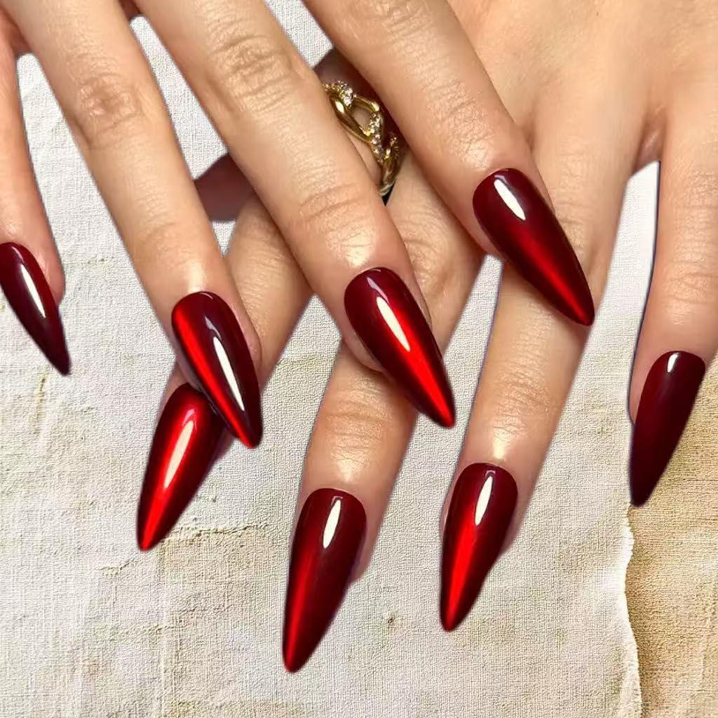 Halloween Press on Nails Long Almond Fake Nails Red Cat Eye Acrylic Nails Shiny Glitter Glue on Nails Reusable Full Cover Stiletto Artificial Stick on Nails for Women Manicure 24Pcs