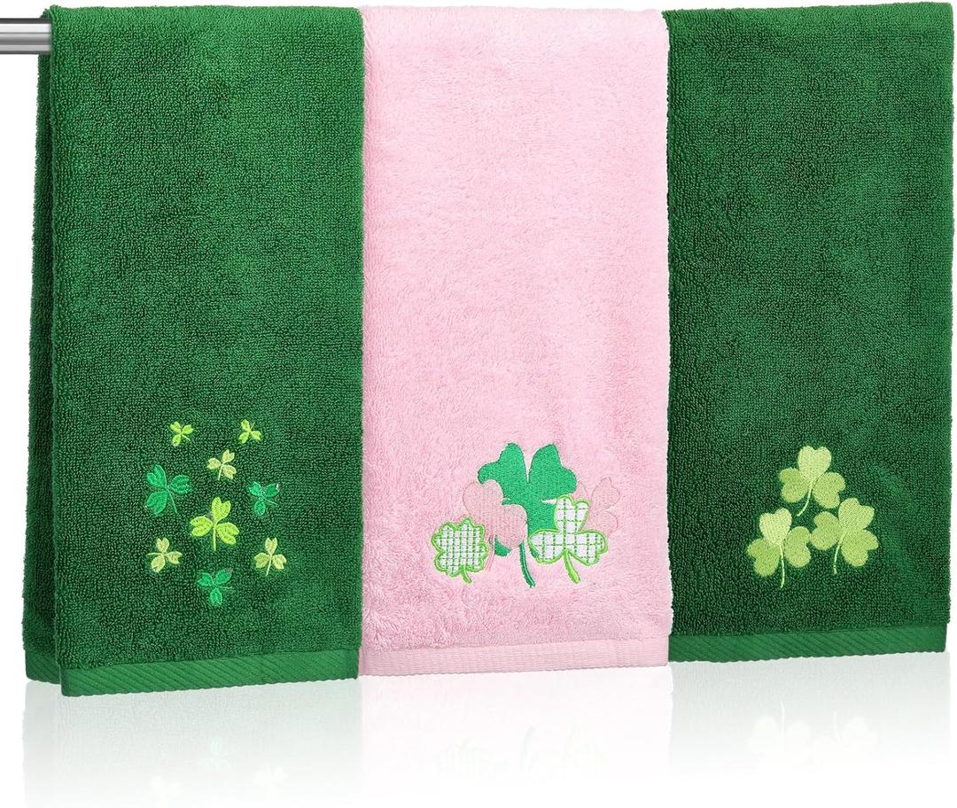 3 Pcs St. Patrick's Day Hand Towels Set 100% Cotton Embroidered Decorative Irish Shamrock Bathroom Towels Pink Green Clover Absorbent Guest Bath Towel for Drying Cleaning Cooking, 29.5" x 13.8"