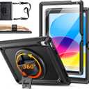 TSQQST iPad (A16) 11th/10th Generation Case 10.9 Inch 2025/2022 with Screen Protector | Military Grade | 360 Rotating Stand & Hand Shoulder Strap | Rugged Silicone Heavy Duty Drop Protection | Black