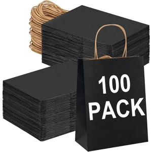BAG BOX 100 Pack Medium 8.25x4.3x10.6 Inch Black Kraft Paper Gift Bags with Handles for Bulk Shopping, Retail, Craft, Party Favors, Wedding, Grocery & Sacks