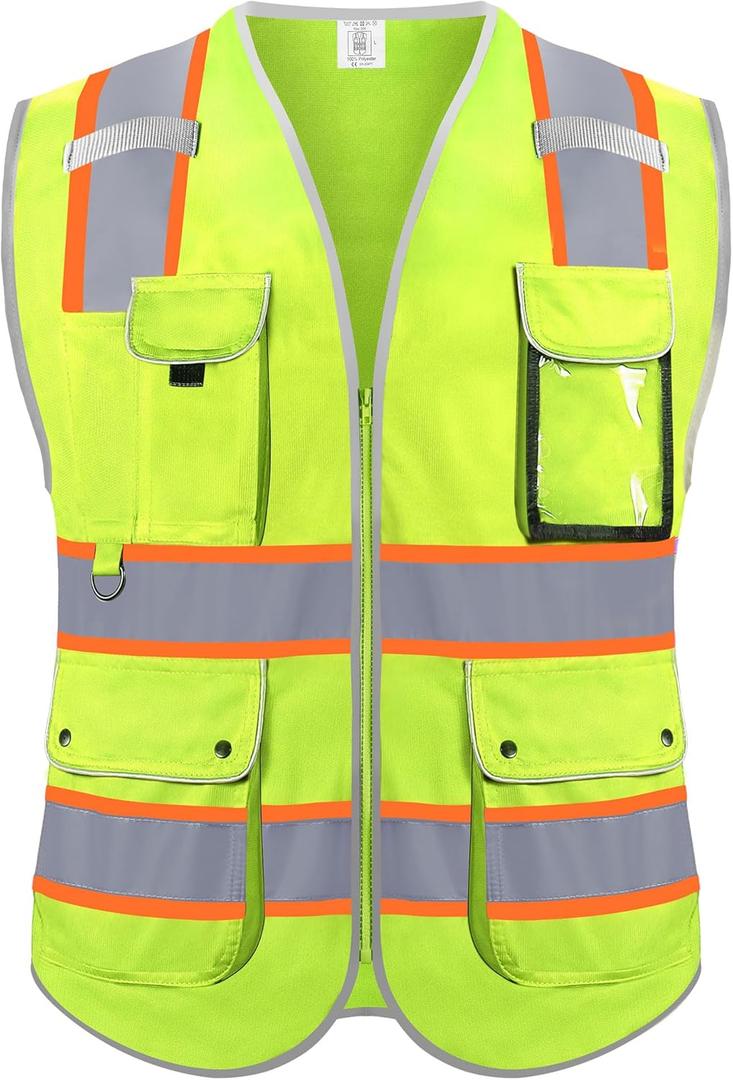 Reflective Safety Vest for Men Women, High Visibility Safety Vest with 8 Pockets Zipper Front, Meets ANSI Standards (Large, Yellow)