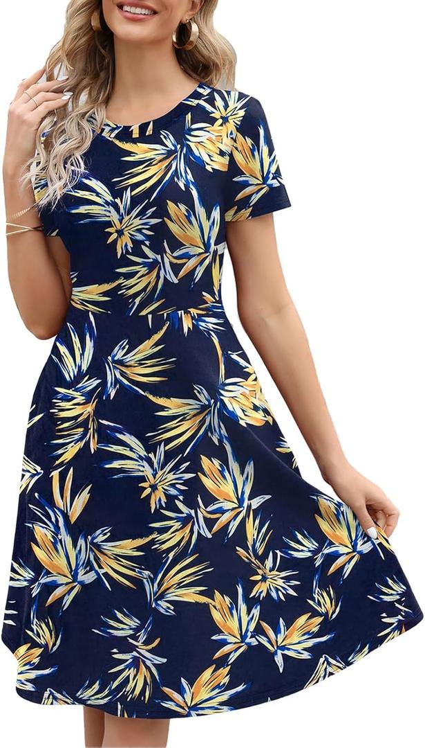 Women's Elegant Knee Length Dresses Vintage Summer Office Casual Floral Print Work Party A-Line Swing Dress with Pockets 162, XL