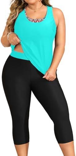 Yonique 3 Piece Plus Size Swimsuits for Women Tankini Tops with Sports Bra and Swim Capris Athletic Bathing Suits Aqua Tribal 18 Plus