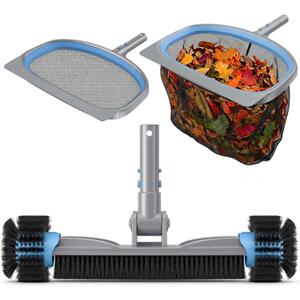 UIRWAY 3-in-1 Deluxe Swimming Pool Cleaning Kit - Includes Pool Brush with Detachable Side Round Ends, Deep Leaf Skimmer Net & Flat Fine Mesh Net for Inground & Above Ground Pools Cleaning(No Pole)