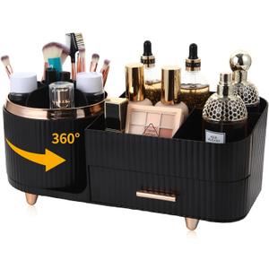 Zufudo Makeup Organizer Countertop with Drawers 360 Rotating Makeup Brush Holder Large Capacity Skincare Organizer for Vanity Desk, All Black