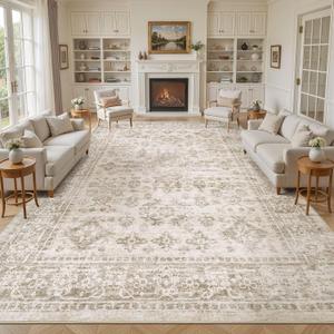 Area Rugs for Living Room: 12x15 Washable Rug Vintage Pattern Large Non-Slip Stain Resistant Soft Durable Floor Carpet for Bedroom, Dining Room, Home Office - Light Brown