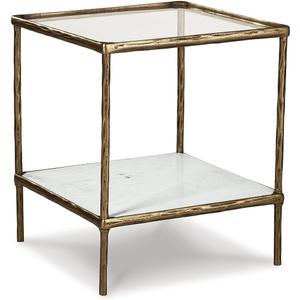 Signature Design by Ashley Ryandale Square Accent Table for Living Room, SandCasted Aluminum Frame With Brass Finish, Glass Top and White Marble Shelf, 21" Size, 21" W X 21" D X 24.88" H