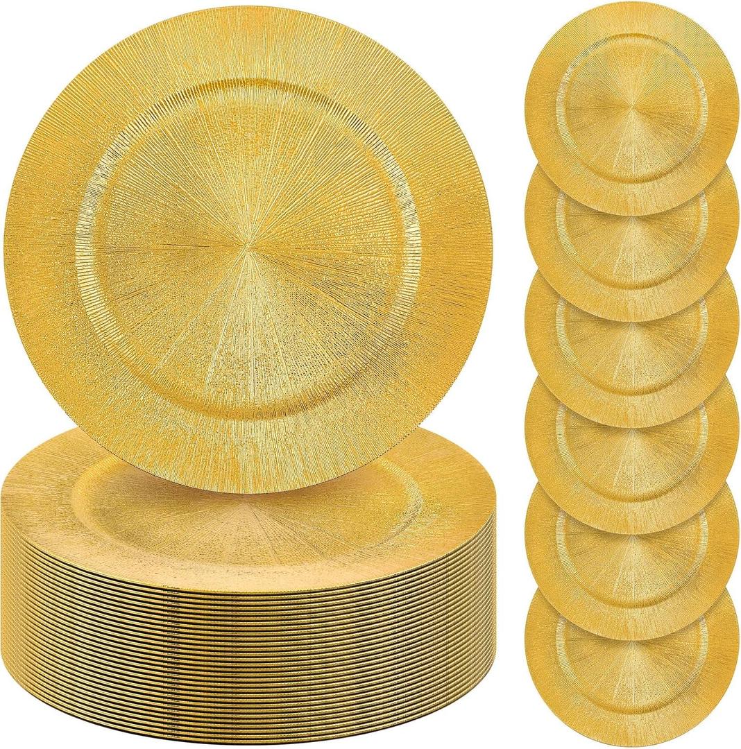 Tanlade 100 Pcs Charger Plates Bulk, 13 Inch Plastic Round Charger Dinner Plates Elegant Wedding Serving Plate for Event Tabletop Wedding Party Bridal Baby Shower Decor (Glitter Gold), Modern Style
