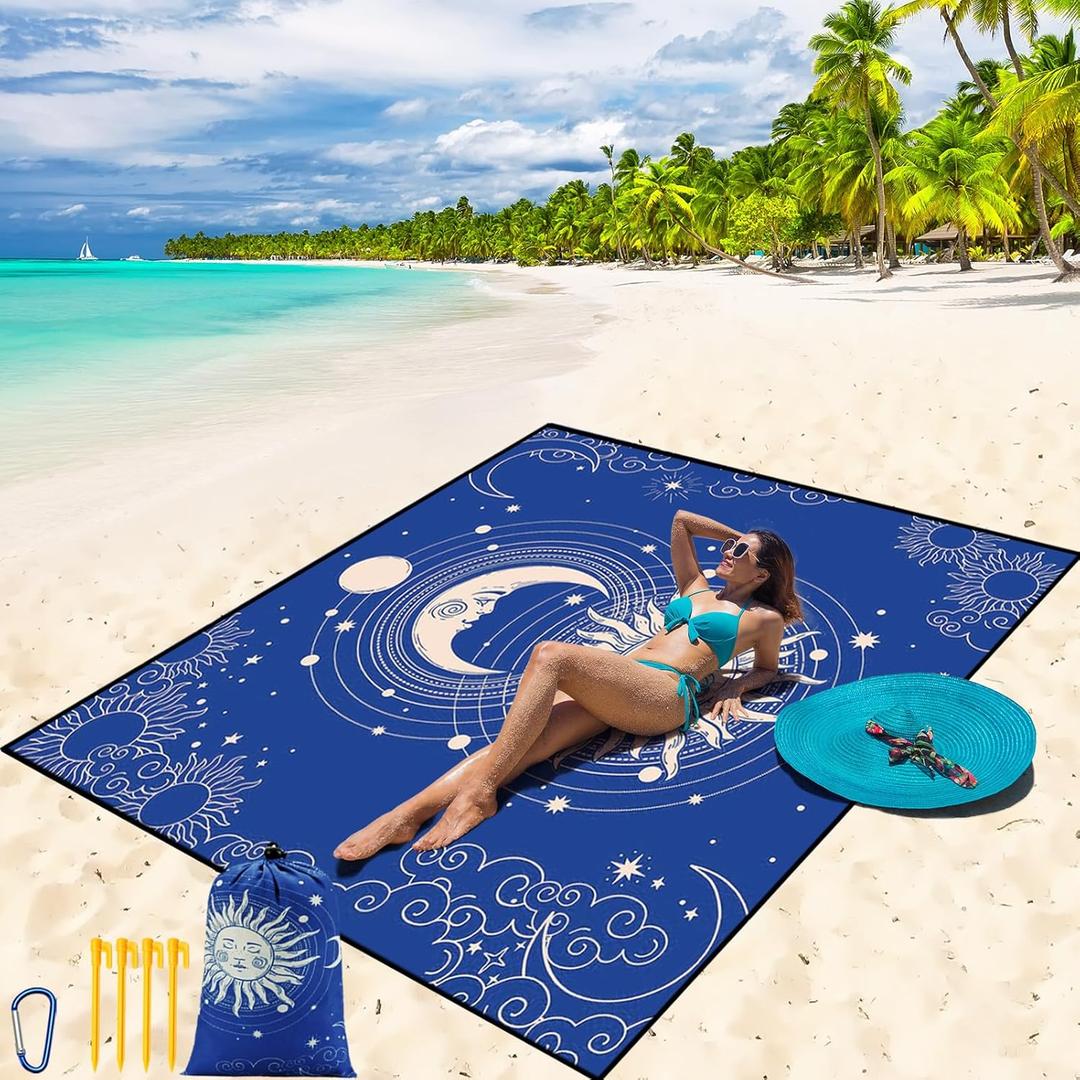 Beach Blanket Waterproof Sandproof Beach Mat 79" X 83"/10'x9'for 2-8 Adults Quick Drying Outdoor Picnic Mat Beach Accessories for Travel, Camping, Hiking (Bluesun)