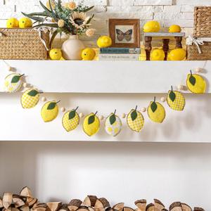 Lemon Felt Banner Garland Decor Vintage 3D Fruit Hanging Garland with Wooden Beads for Back to School Birthday Party Baby Shower DIY Home Wall Fireplace Decor
