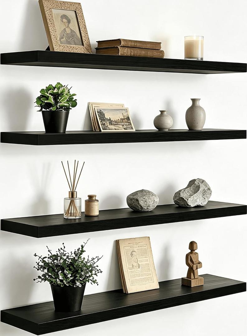 YYWUOJJ Wood Floating Shelves for Wall Decor, Rustic Wall Shelves for Bedroom Bathroom Kitchen Living Room, Set of 4 Black 24 Inch