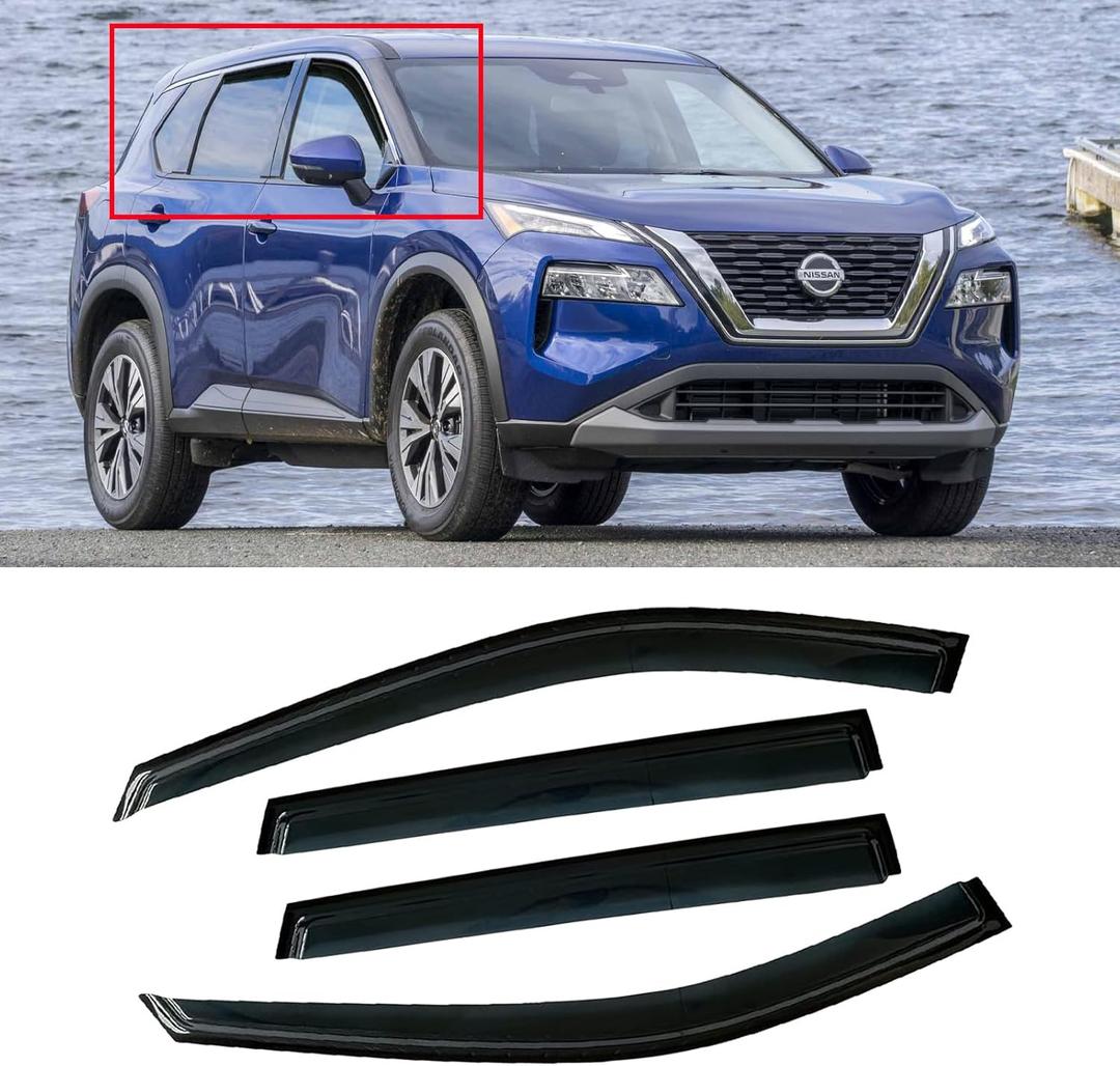 Window Visor for 2021-2025 Nissan Rogue S SV SL Platinum, Out-Channel Rain Guards Shields Vent Deflector Shade Wind Dark Smoke 2022 21 22 23, Tape-On Outside-Mount, 4PCS
