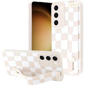 OOK Compatible with Samsung Galaxy S23 Plus Silicone Phone Case with Strap, Trendy Checkerboard Pattern for Women Girls, Adjustable Finger Strap Kickstand Slim Protective Cover, White Checkered
