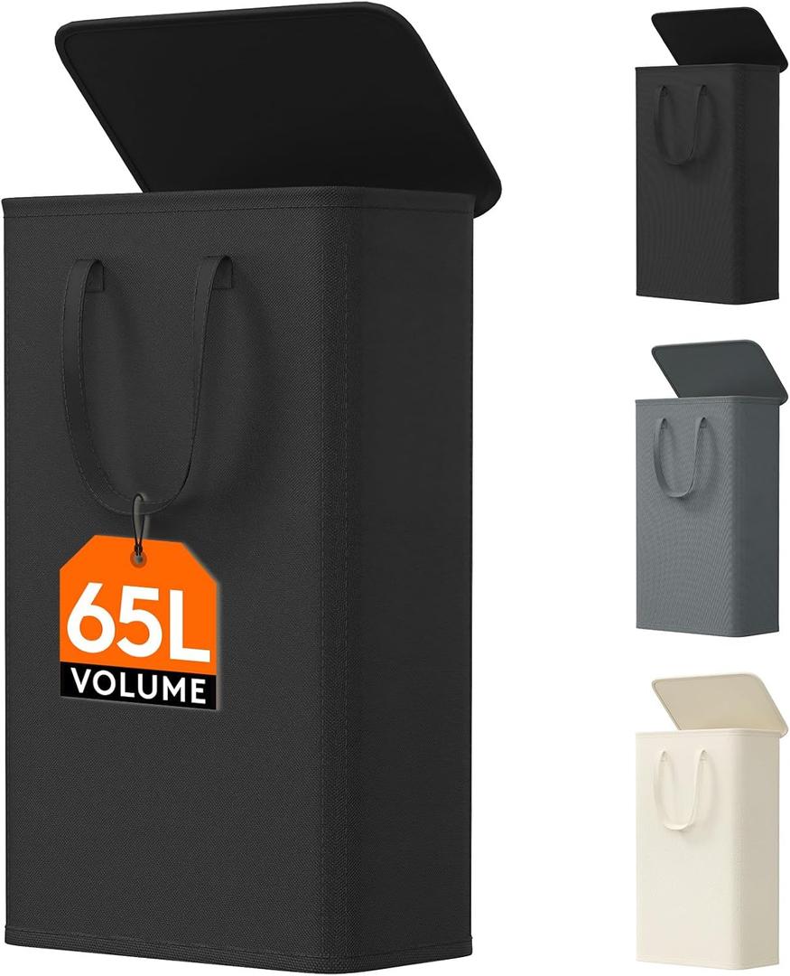 Lifewit 65L Slim Laundry Hamper, Small Laundry Basket with Lid, Dirty Narrow Collapsible Clothes Storage with Easy Carry Extended Handles, Tall Hampers for Bedroom Laundry Room, Black, 1 Pack