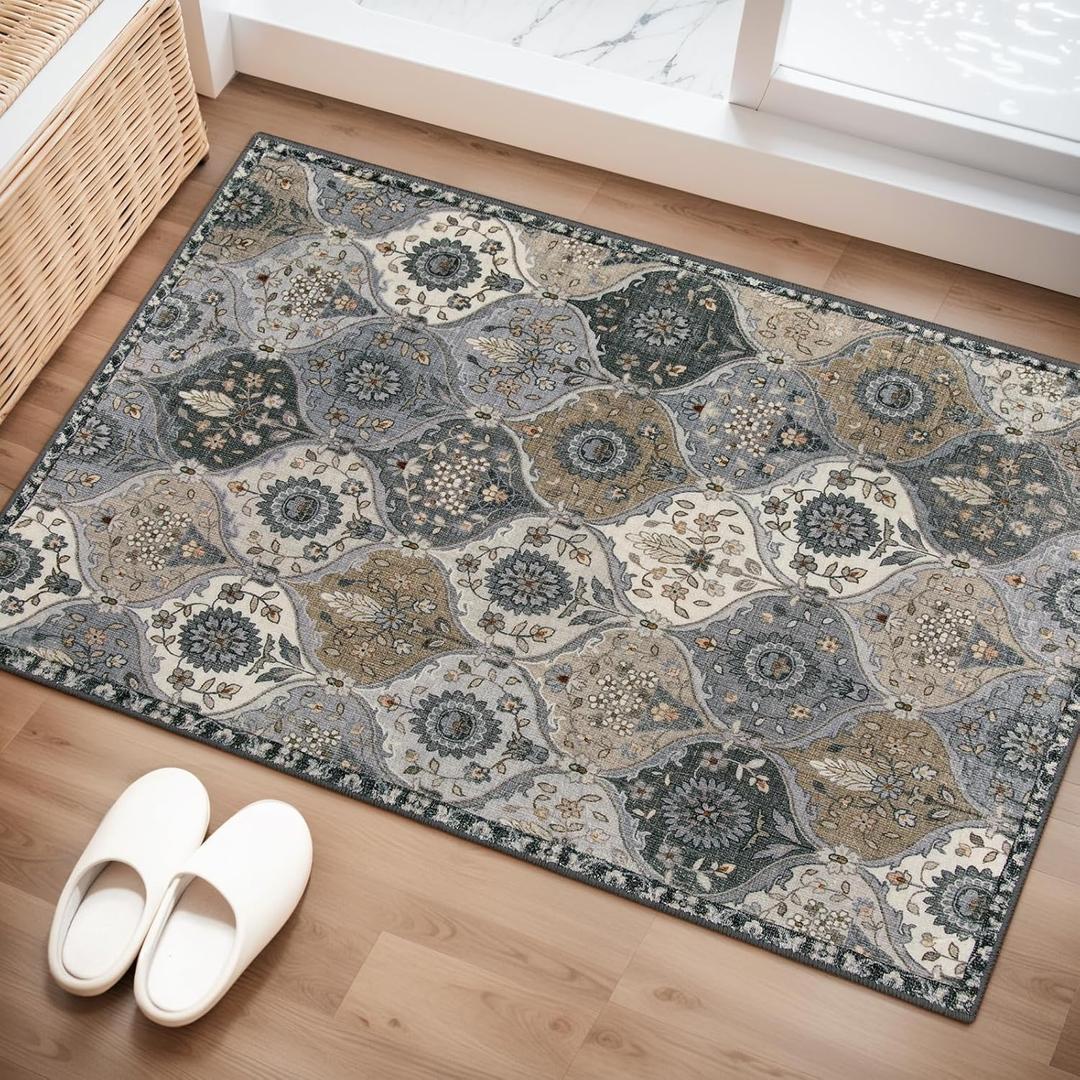 Lahome Moroccan Trellis Area Rug, 2x3 Entryway Rug Non-Slip Washable Indoor Door Mat, Small Oriental Accent Throw Carpet for Bedroom Kitchen Entry Bathroom Elise, Grey