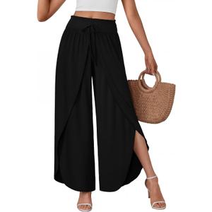 LILLUSORY Women's Wide Leg Pants Flowy Palazzo Pants High Waisted Boho Casual Summer Beach Vacation Fall Lightweight Clothes Black XL
