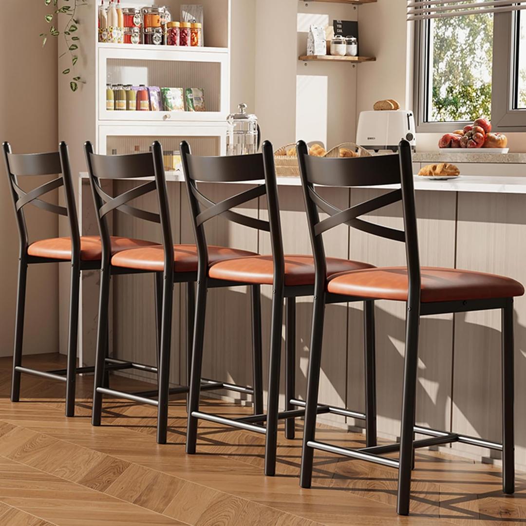 GAOMON 22" Bar Stools Set of 4, Counter Height Bar Stools with PU Upholstered Seat, Metal Frame Kitchen Bar Chairs with X-Design Back and Footrest for Kitchen Island, Counter Bar, Dining Room, Brown