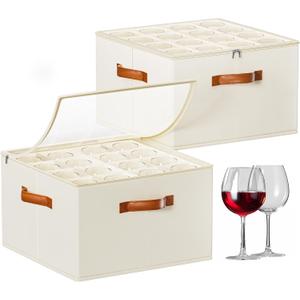 Glass Storage Box with Dividers, 2 Pack Glassware Storage Containers, Stemware Storage Cases Holds 32 Glasses, Stackable Crystal Storage Containers with Clear Cover for MovingBeige