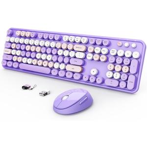 SkyGive Wireless Keyboard and Mouse Combo, Ergonomic Full Size Typewriter Retro Round Keycaps Keyboard, Compatible with Windows, PC, Perfer for Home and Office Keyboards (Purple
