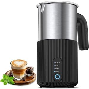 Electric Milk Frother and Steamer, 4-in-1 Instant Milk Steamer for Coffee, Latte, Cappuccino, Hot Chocolate, Automatic Hot & Cold Milk Foamer, Stainless Steel Detachable Cup, Quiet, Dishwasher Safe (Small, Black)