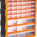 Amazon Basics Wall Mount Hardware and Craft Storage Cabinet Organizer with 39 Drawers, Plastic Garage Organization System with Dividers for Small Parts, Black, Orange, 15" x 6.3" x 18.6"