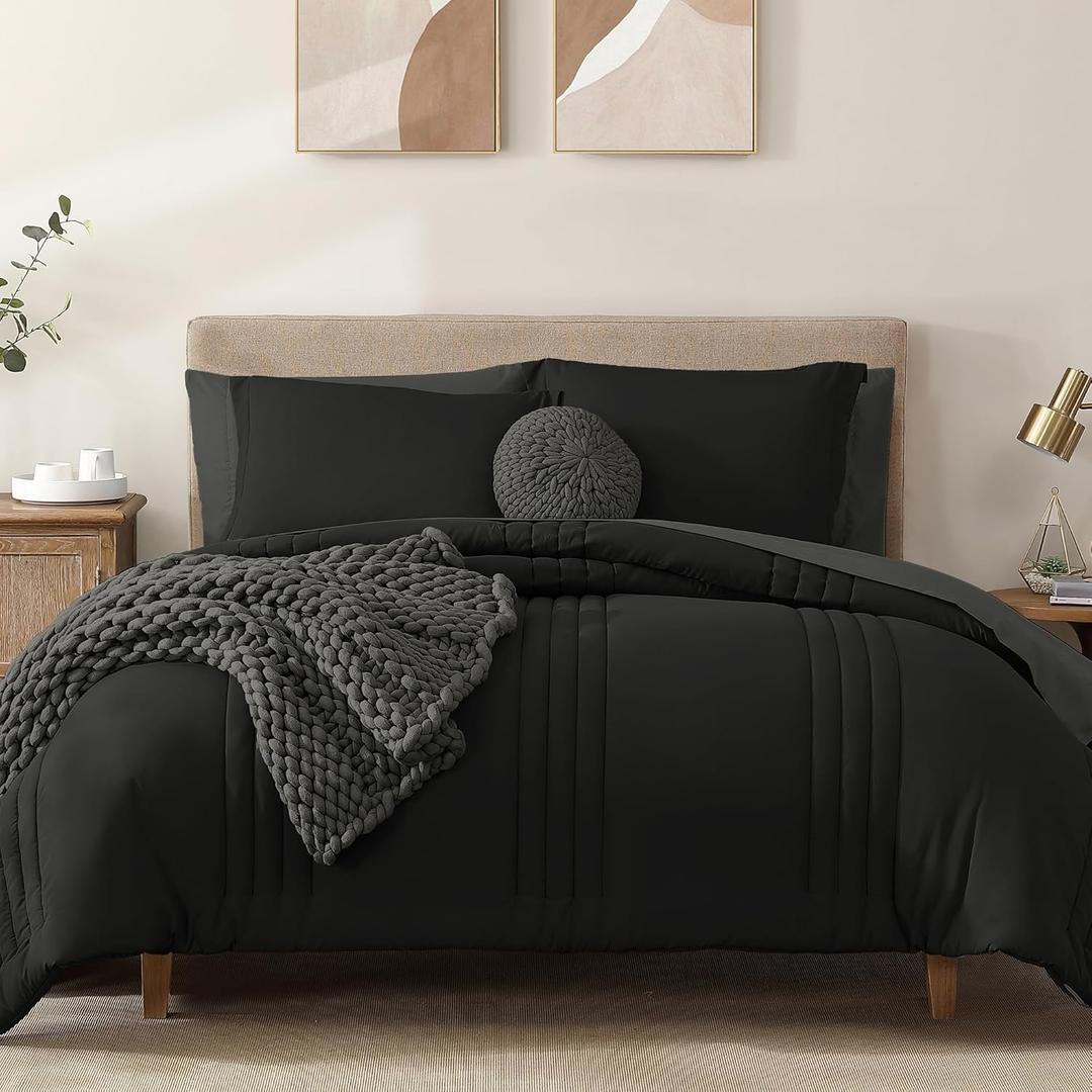 Monbix King Size Comforter Set - 7 Pieces Bed in a Bag King, Black Bedding Sets with Comforter, All Seasons Comforter Bed Set with Sheets, Pillowcases & Shams