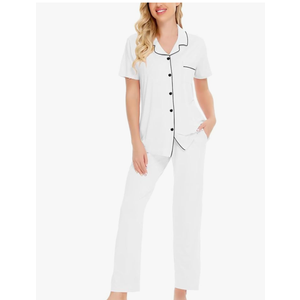 SWOMOG Women Pajama Sets Two-Piece Nightwear Short Sleeve Sleepwear Button Down Pj Lounge Sets with Long Pants Size XS