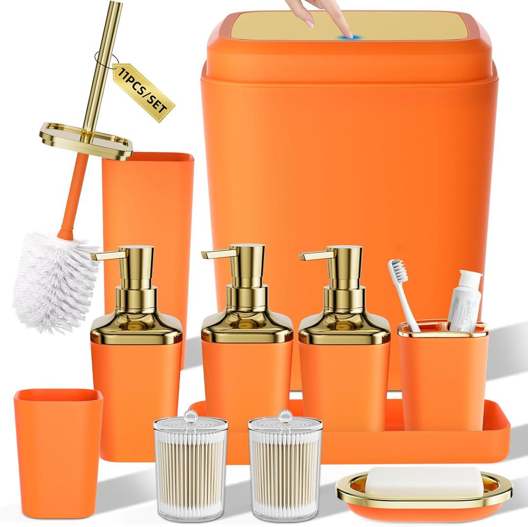 Bathroom Set - 11PC Bathroom Accessory Set, Bathroom Accessories Set, Orange Bathroom Set, Push-lid Trash Can, 3PC Soap Dispensers, Toilet Brush & Q-tip Holders