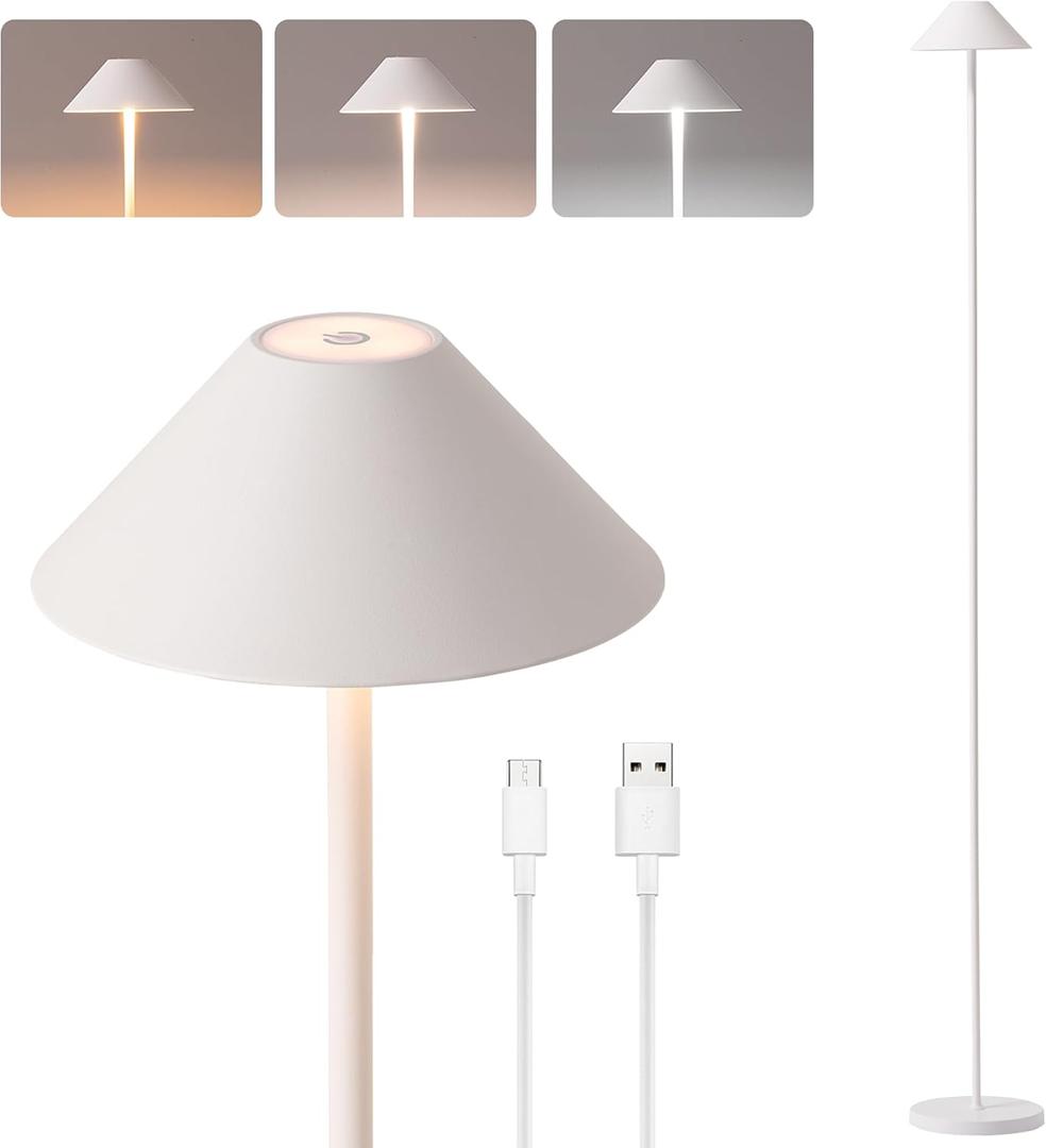 Rechargeable Floor Lamp for Indoor/Outdoor, Cordless Tall Standing Lamp with 3 Color Temps & Dimmable, IP43 Waterproof, Adjustable Height 16-59 Inch, LED Floor Lamp for Living Room,Patio (White)