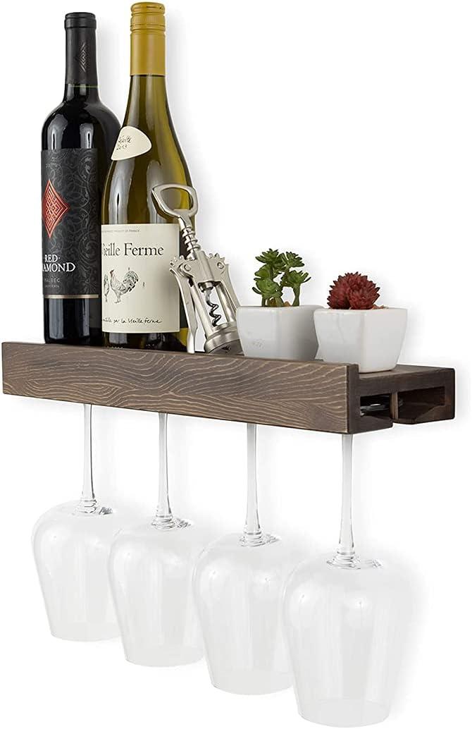 Rustic State Smith Wall Mounted Wood Floating Wine Bottle Rack with Glassware Holder Stemware Shelf Storage Organizer - Home, Kitchen, Dining Room Bar Dcor - Walnut