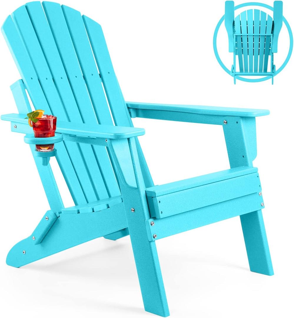 FUNBERRY Folding Adirondack Chair, All Weather HDPE Fire Pit Chairs with Cup Holder for Outdoor (1 Pack, Aruba Blue)