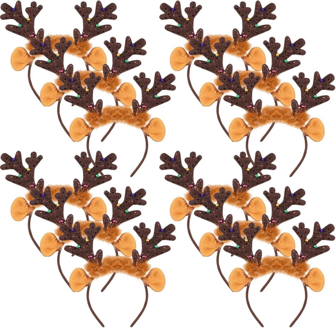 Lyrow 12 Pcs Reindeer Antlers Headbands Bulk Halloween Deer Ears Costume Christmas Fawn Horn Hair Hoop for Party Headwear (Brown)
