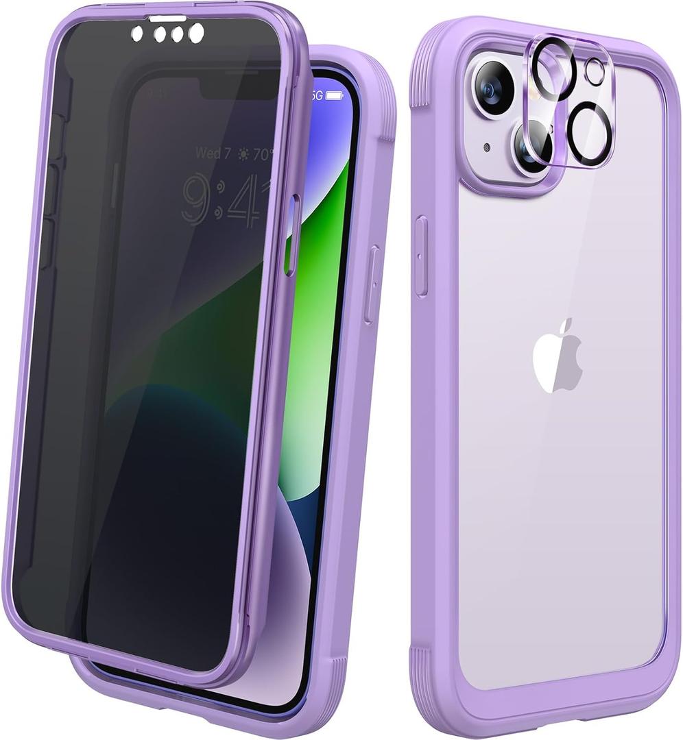 Diaclara Designed for iPhone 14 Case 6.1 Inch,Upgraded Full Body Rugged Clear Bumper Case with Built-in Privacy Screen Protector for iPhone 14,Purple