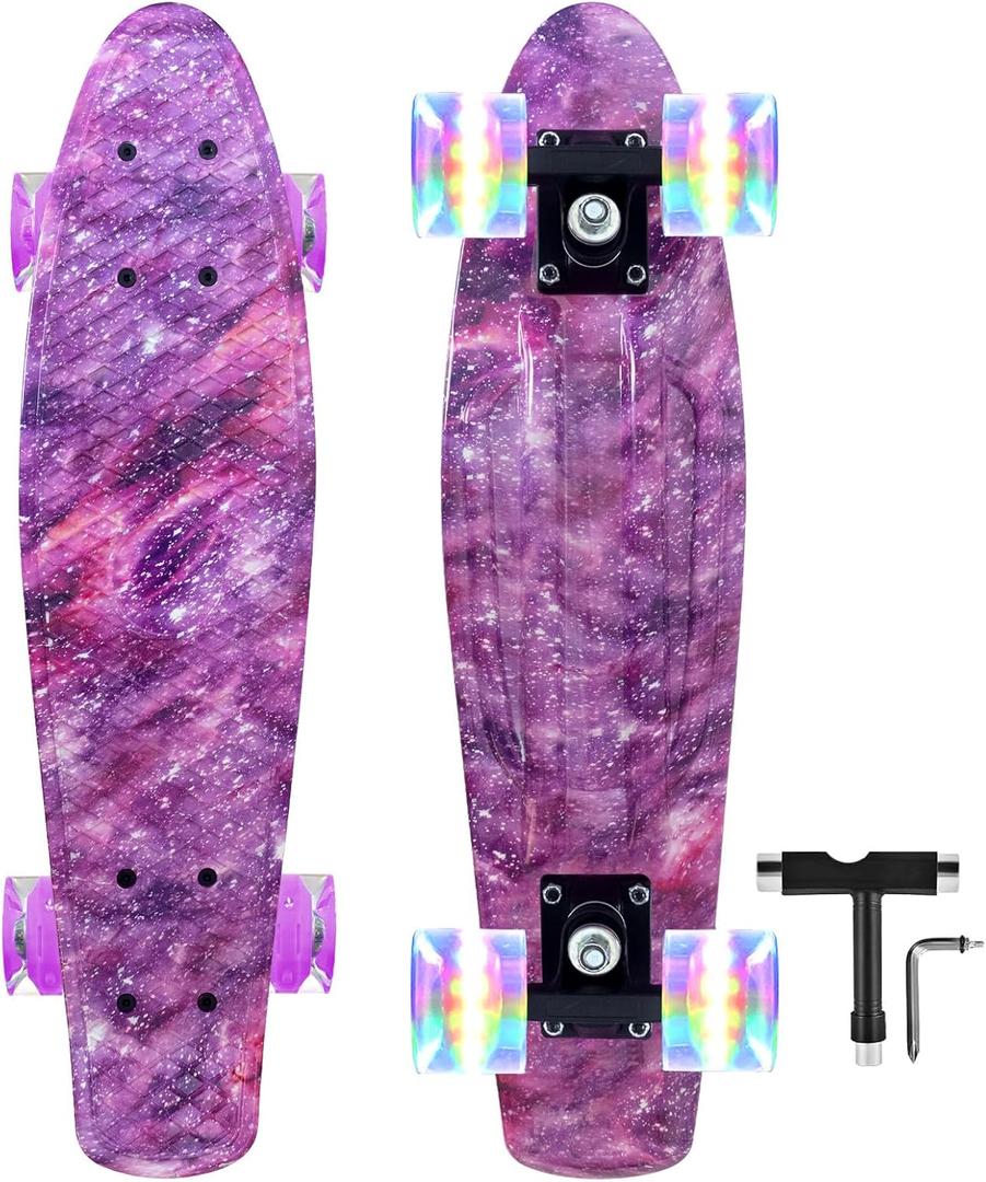 Nattork Skateboards 22 Inch Mini Cruiser Skateboard Complete Retro Skate Boards with Colorful Light Up Wheels for Kids Girls Boys Beginners