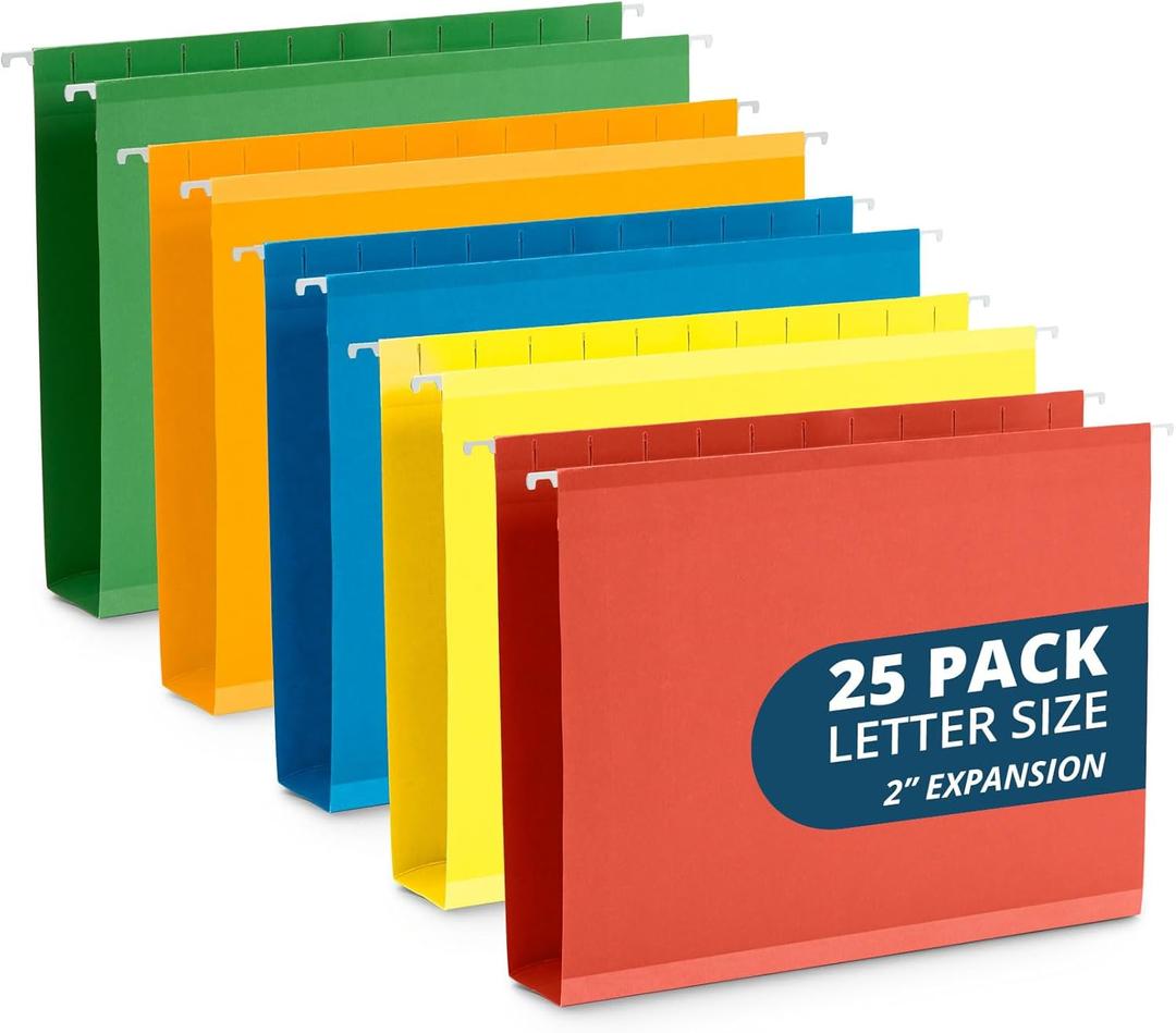 Blue Summit Supplies 25 Extra Capacity Hanging File Folders Letter Size 2 Inch Expansion, Expanding Hanging File Folders, Wide, Expandable, Reinforced 12pt Paper, Assorted Colors