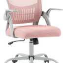 DUMOS Home Office Computer Chair - Ergonomic Mid Back Desk with Lumbar Support and Rocking Mode, Height Adjustable with Flip-up Armrest, for Conference Meeting Room, 360 Swivel, Adults, Pink