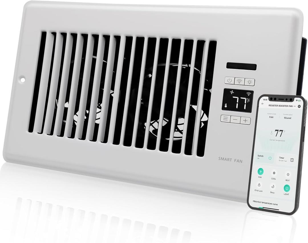 Super Quiet Register Booster Fan for 6" x 10" Register Holes, Smart Register Vent with Dual Intelligent Thermostat and WIFI App Control, Heating Cooling AC Vent Fan (White)